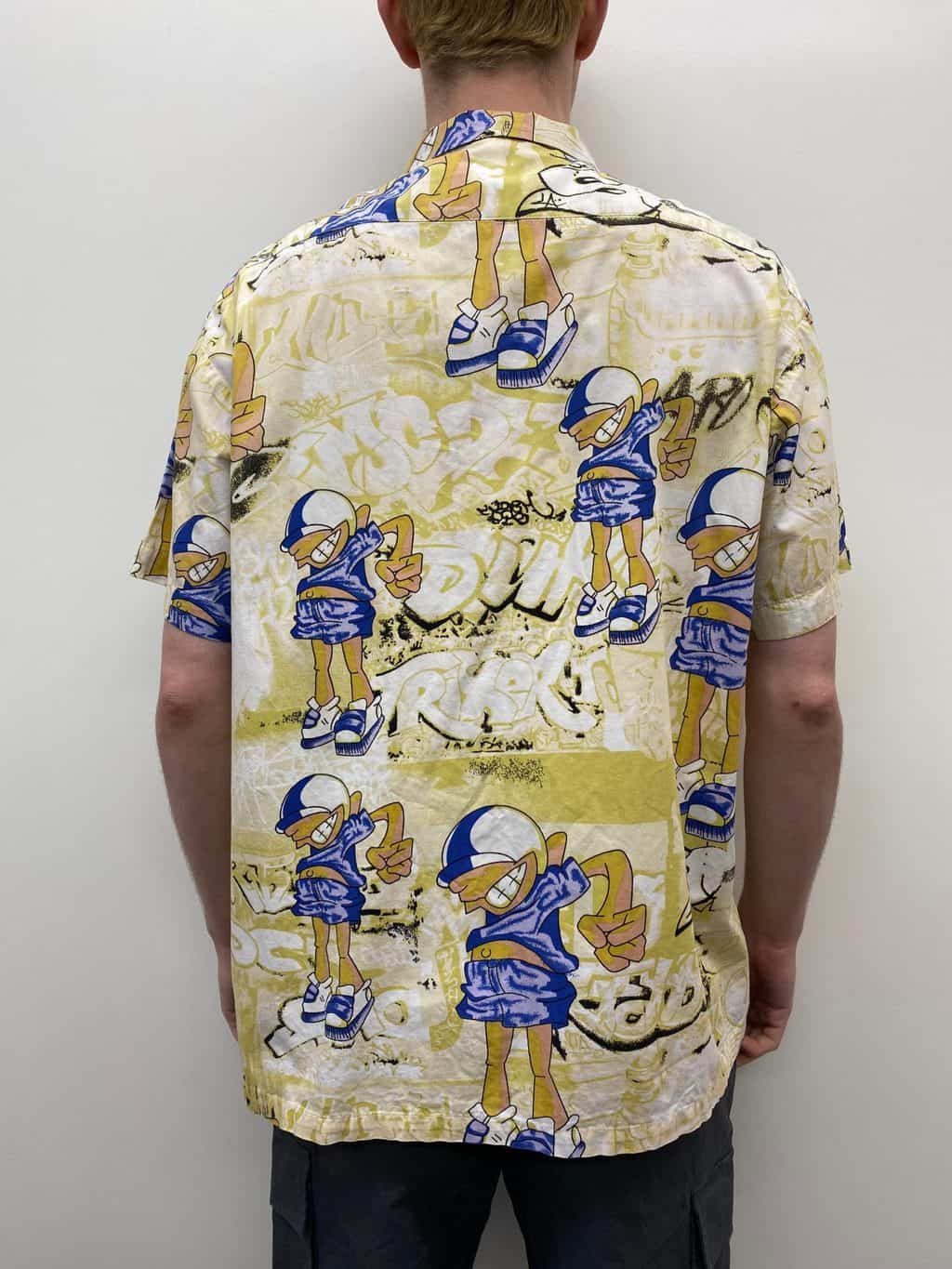 Quirky Mens Vintage Shirt with Fun Cartoon Graffiti Motif Coconut Shell Buttons - L / XL - Image 5