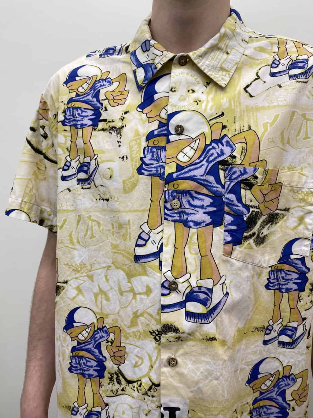 Quirky Mens Vintage Shirt with Fun Cartoon Graffiti Motif Coconut Shell Buttons - L / XL - Image 2