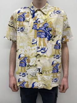 Quirky Mens Vintage Shirt with Fun Cartoon Graffiti Motif Coconut Shell Buttons - L / XL