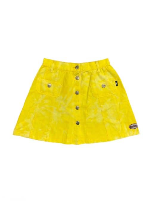 Vintage Denim Mini Skirt in Tie-Dye Yellow with Embossed Buttons and Utility Style Pockets - Size Women's XS
