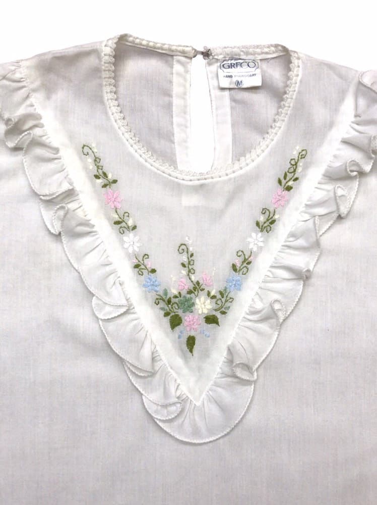 Vintage hand-embroidered sleeveless ruffle top - M - Image 2