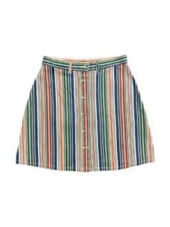 Vintage High Waisted Denim Mini Skirt in Green Red Blue White Beige Multicoloured Stripes - Size Women's S / M