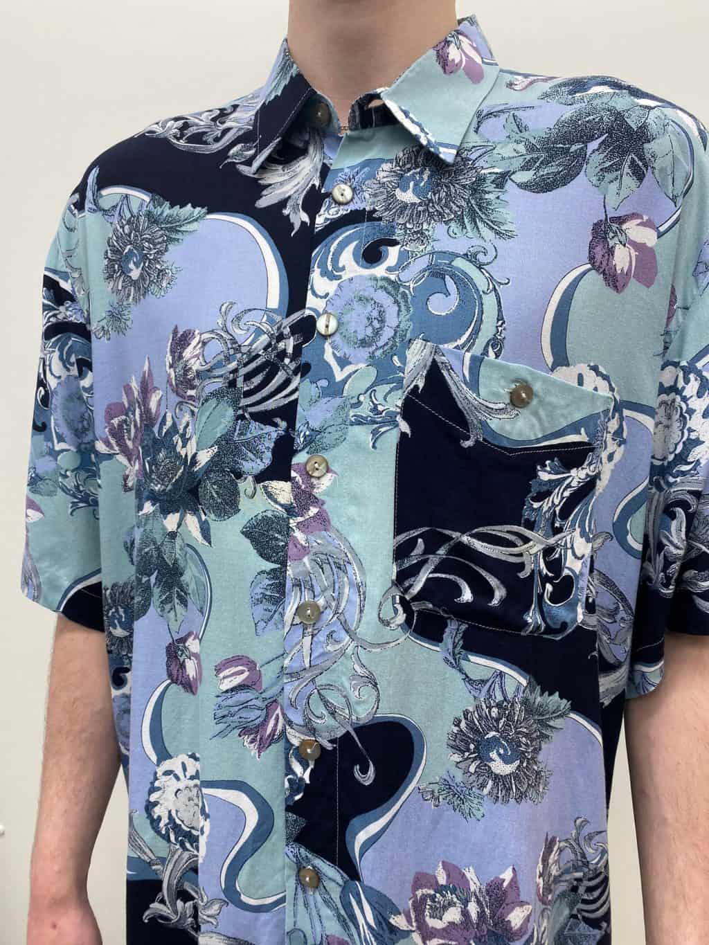 Vintage Mens Floral Patterned Shirt Pastel Green Blue Purple - L / XL - Image 2