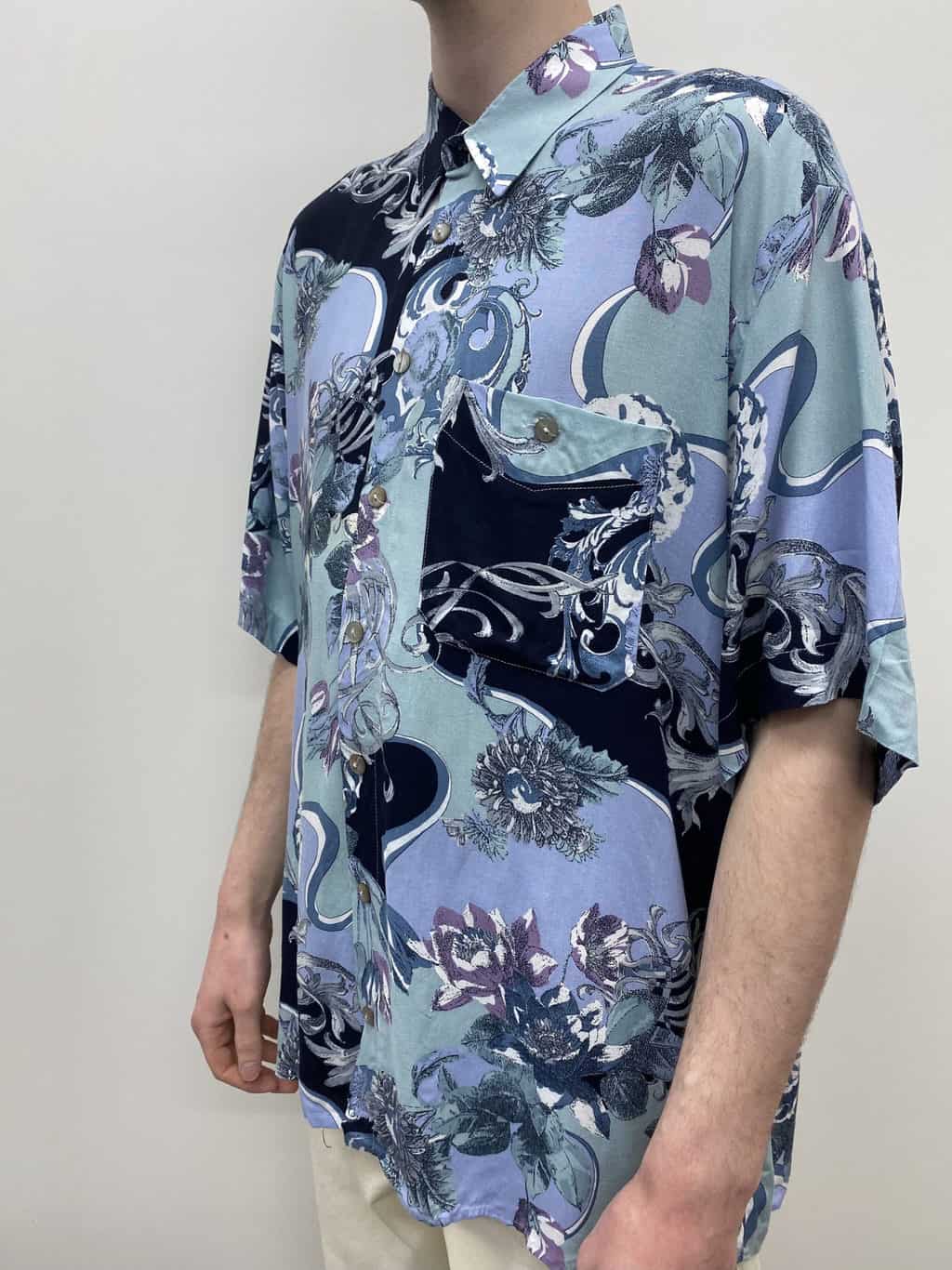 Vintage Mens Floral Patterned Shirt Pastel Green Blue Purple - L / XL - Image 3