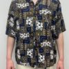 Vintage Mens Tiled Hawaiian Patterned Shirt with Tropical Design and Hibiscus Floral Print Blue Green Gold White - Size Men's XXL