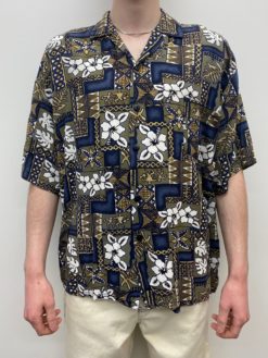 Vintage Mens Tiled Hawaiian Patterned Shirt with Tropical Design and Hibiscus Floral Print Blue Green Gold White - Size Men's XXL