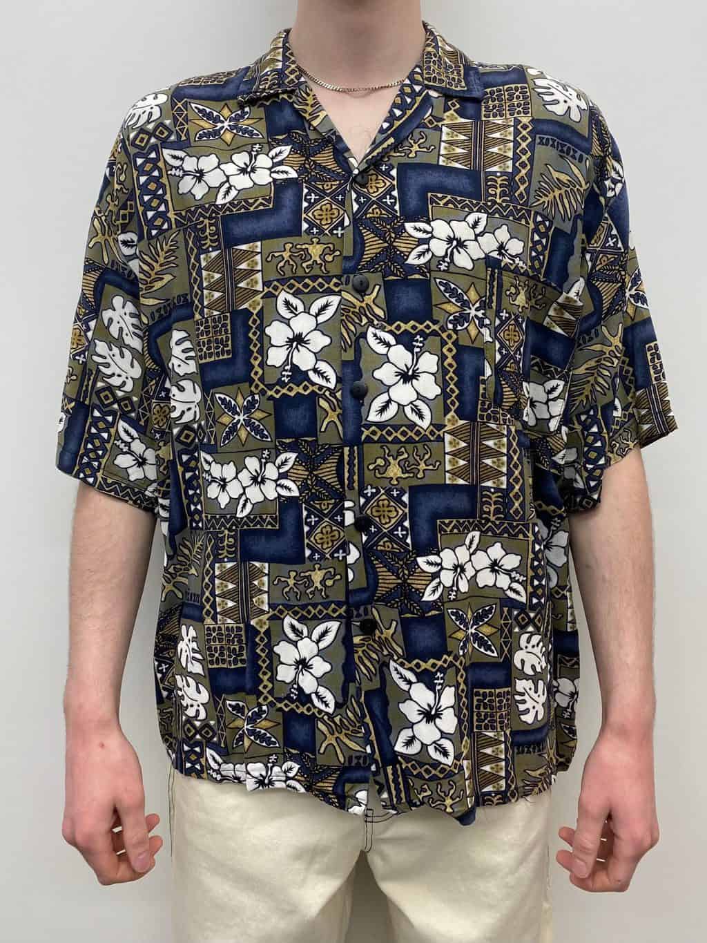 Unisex Tropical Hibiscus Print Casual Top Size Large to 1X Men's Shirt 90's Vintage Black White and Brown Hawaiian Shirt