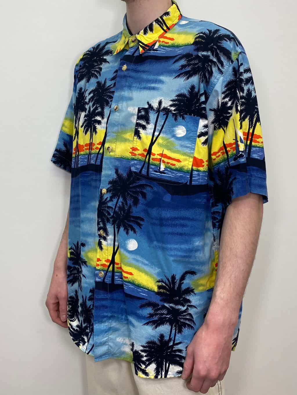 Vintage Tropical Hawaiian Shirt with Moonlit Palm Trees Blue Bright Pattern - 2XL / 3XL - Image 3