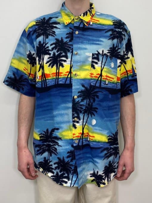 Vintage Tropical Hawaiian Shirt with Moonlit Palm Trees and Deep Blue Water Sunset Design Paterend Moonlight Sailing - Size Men's XXL / XXXL