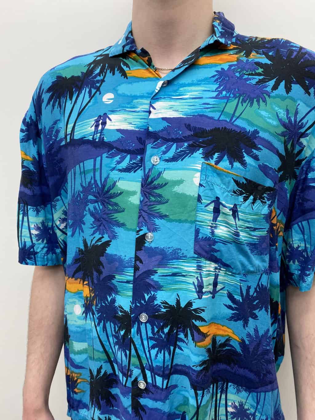 Vintage Tropical Mens Shirt with Sunset Beach Scene Aquamarine Orange Blue - XXL - Image 2
