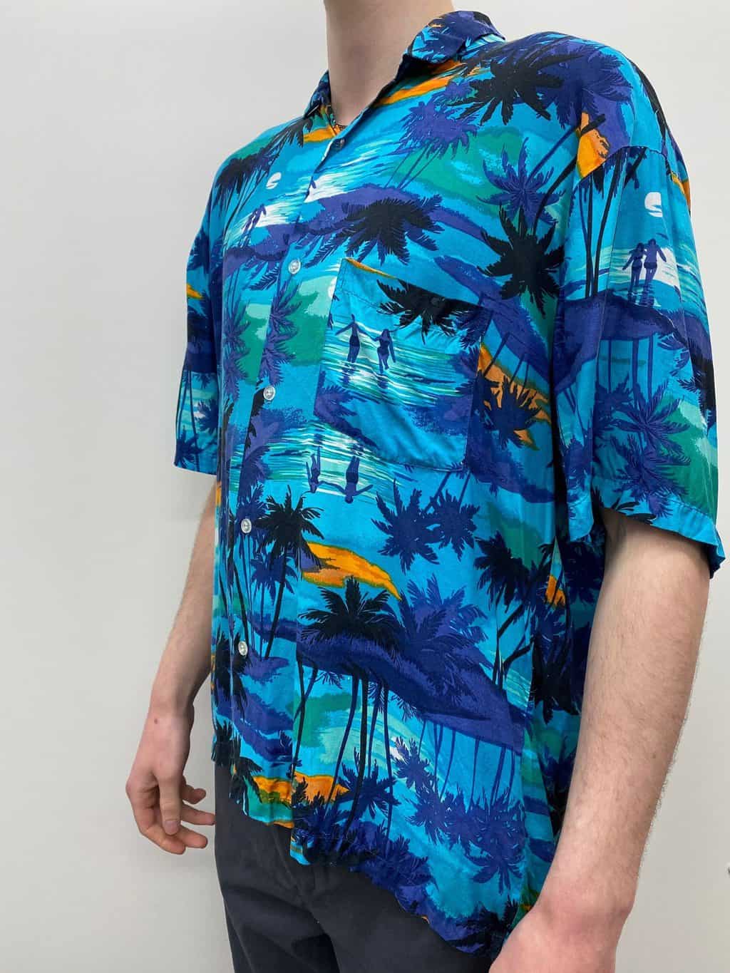 Vintage Tropical Mens Shirt with Sunset Beach Scene Aquamarine Orange Blue - XXL - Image 3