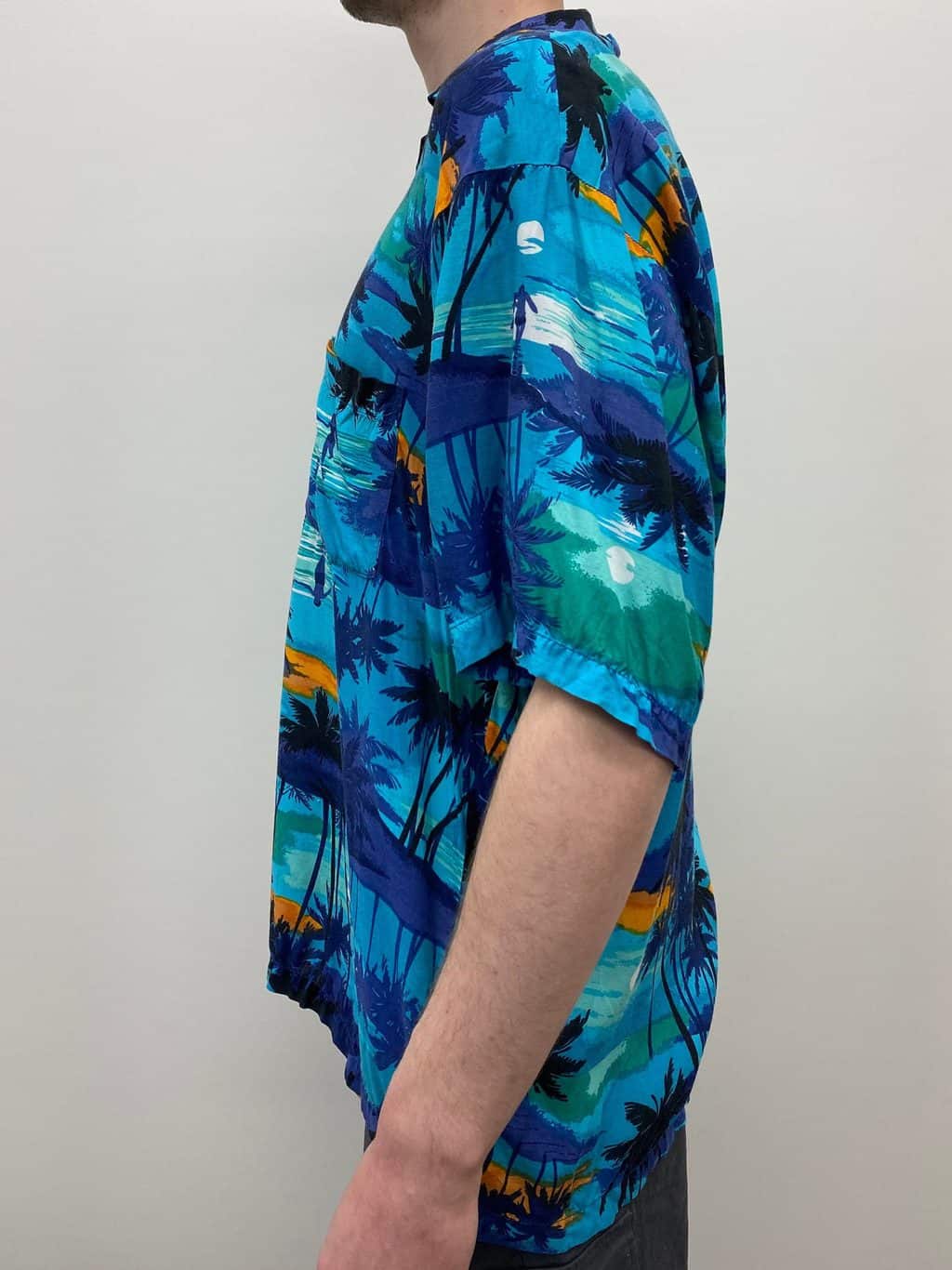 Vintage Tropical Mens Shirt with Sunset Beach Scene Aquamarine Orange Blue - XXL - Image 4