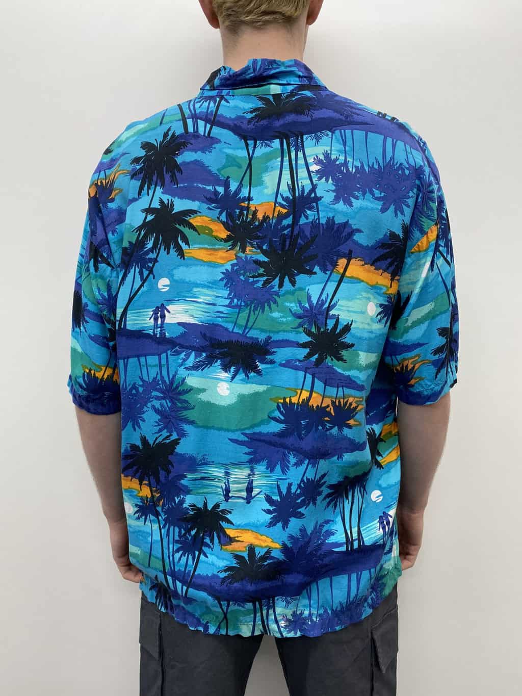 Vintage Tropical Mens Shirt with Sunset Beach Scene Aquamarine Orange Blue - XXL - Image 5
