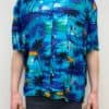 Vintage Tropical Mens Shirt with Sunset Moonlit Beach Scene Palm Trees Bikini Swimming Sea Waves Aquamarine Orange Blue - Size Men's XXL