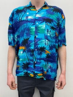 Vintage Tropical Mens Shirt with Sunset Moonlit Beach Scene Palm Trees Bikini Swimming Sea Waves Aquamarine Orange Blue - Size Men's XXL