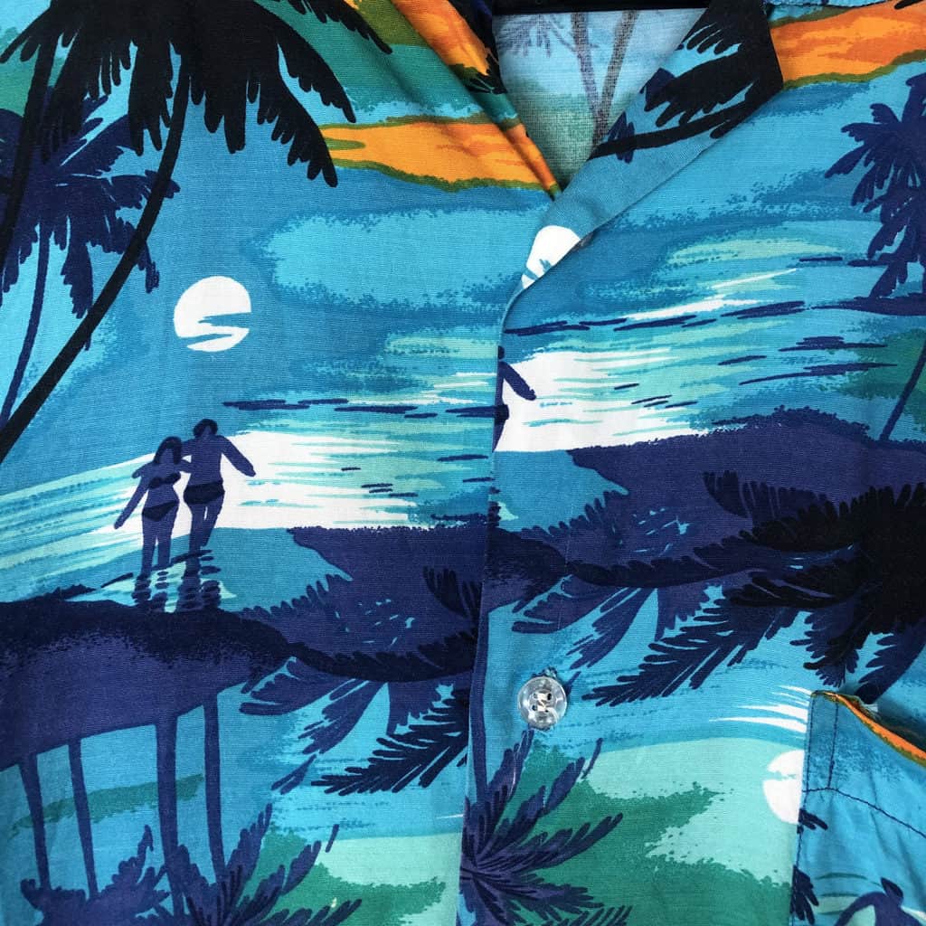 Vintage Tropical Mens Shirt with Sunset Beach Scene Aquamarine Orange Blue - XXL - Image 6
