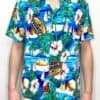 Vintage Volcano Island Tropical Print Hawaiian Shirt with Hibiscus Flowers and Palm Leaves Vibrant Waves Beach Scene - Size Men's Large - XL