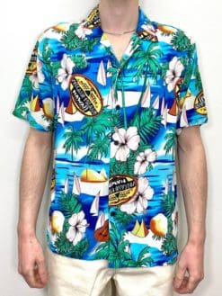 Vintage Volcano Island Tropical Print Hawaiian Shirt with Hibiscus Flowers and Palm Leaves Vibrant Waves Beach Scene - Size Men's Large - XL