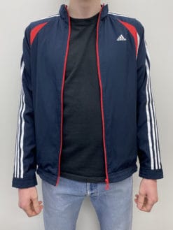 Y2K Vintage Boys Zip-Up Adidas Three Stripe Sports Jacket in Navy, White and Red - Size Boy's Ages 15-16 Years