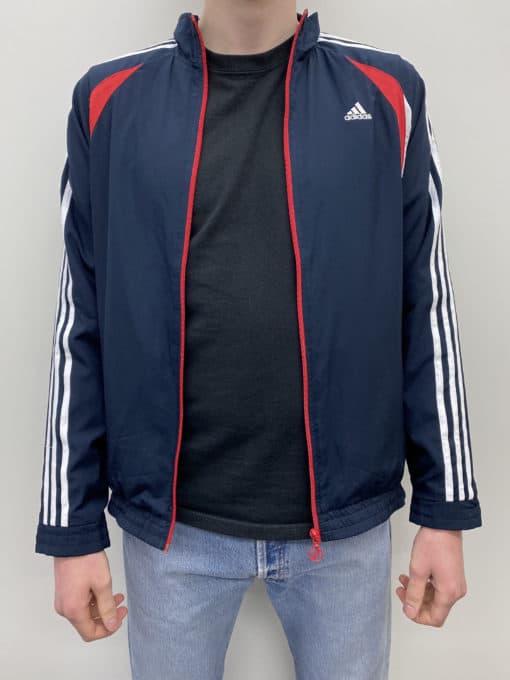 Y2K Vintage Boys Zip-Up Adidas Three Stripe Sports Jacket in Navy, White and Red - Size Boy's Ages 15-16 Years