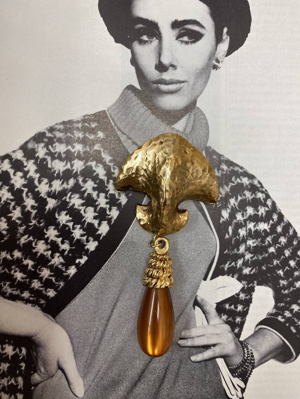 1980s statement gold vintage brooch with orange drop, gothic style