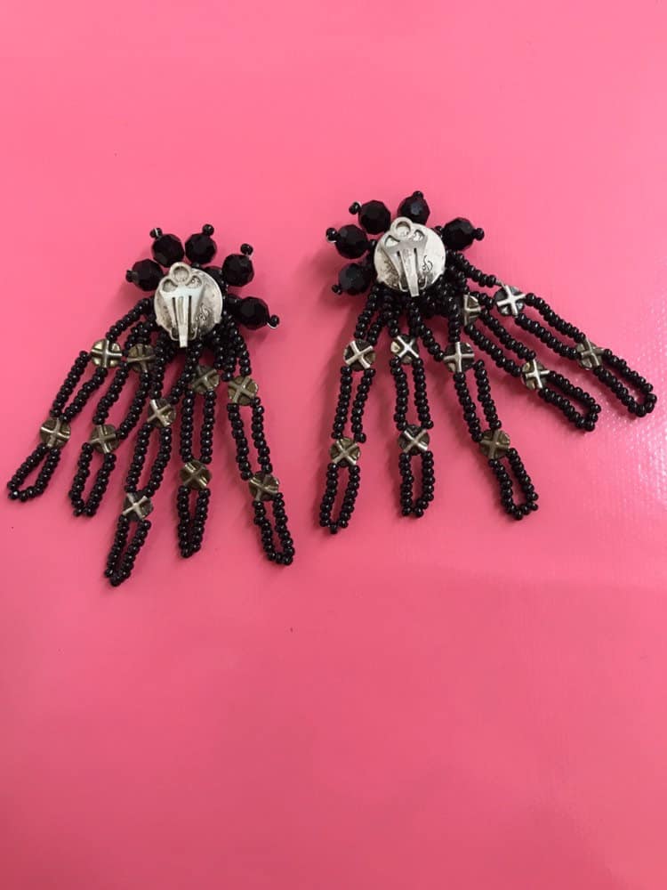 PARIS HOUSE Vintage Earrings 1950s Couture Beaded Clip On Earrings Clips Black Silver Clear Rhinestones Diamonte Super Sized XXL