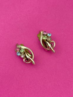 Vintage Clip On Earrings Pastel Rhinestones on a Goldtone Base 50s/60s - Clip On