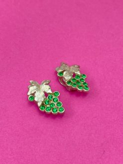Vintage Grape Leaf Earrings Circa 1970s Silver & Green Rhinestones - Clip On