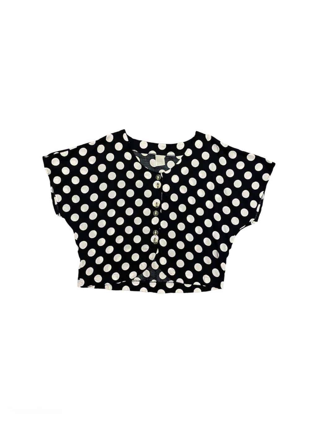 1990s Vintage Women's Large Polkadot Print Crop Top Blouse in Black & White - XL