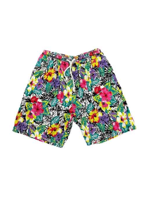 90s Vintage Cotton Shorts with Multicoloured Floral Pattern Elasticated Waistband with Drawstring - M