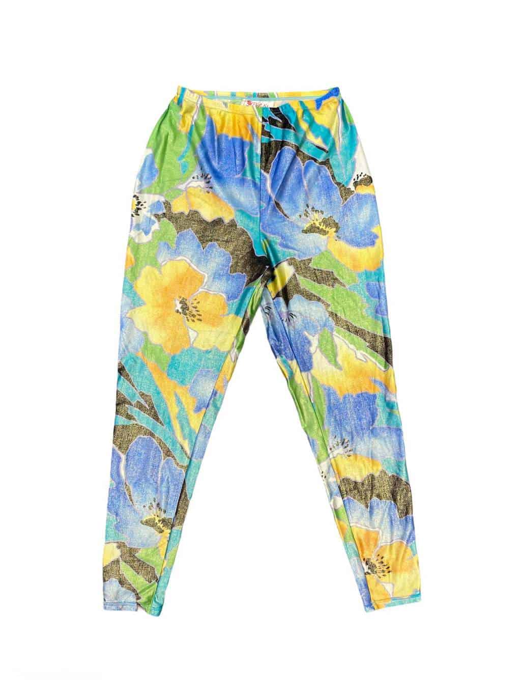 Vintage 1980s Women's Multicoloured Floral Leggings with Metallic Sheen Made in France - XS / S - Image 2