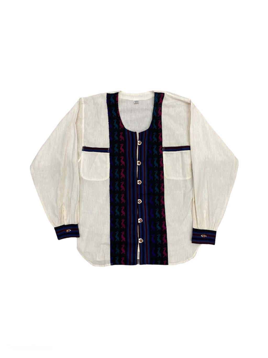 Vintage Women's Collarless Blouse with Abstract Boho Front Detail and Wooden Buttons  - XL