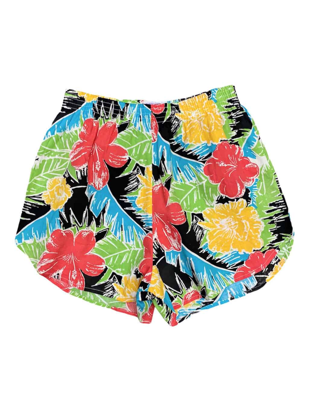 Women's Bold Hawaiian Leaf and Hibiscus Flower Multicolour Print Shorts with Elasticated Waist - M