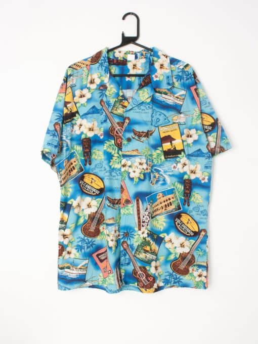 Mens 90s vintage Palmwave Hawaiian shirt featuring vibrant sightseeing postcards and motifs - L / XL