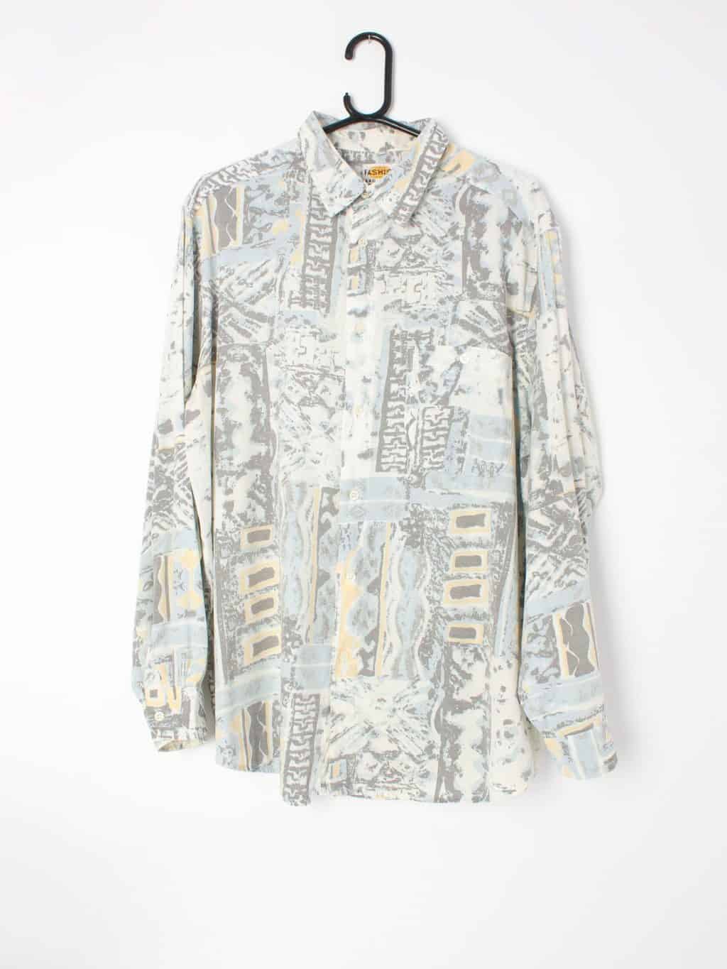 Mens muted blue and yellow abstract long sleeve shirt - L
