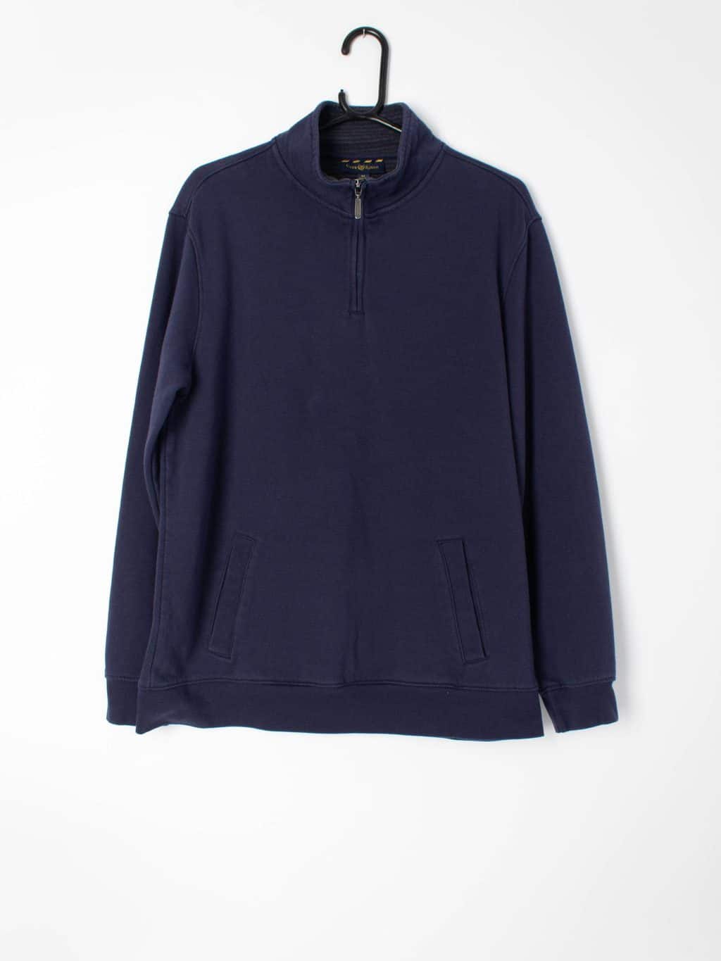 Mens vintage navy blue quarter zip with two front pockets - Medium / Large