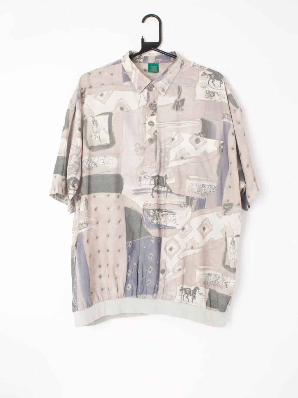 Muted Grey and Blue/Purple Abstract Top with Equestrian Inspired Print and Quarter Buttoned Front - XL