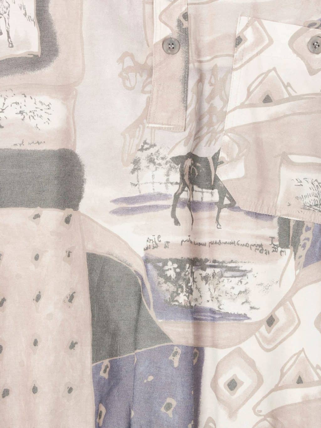 Muted Grey and Blue/Purple Abstract Top with Equestrian Inspired Print and Quarter Buttoned Front - XL - Image 2