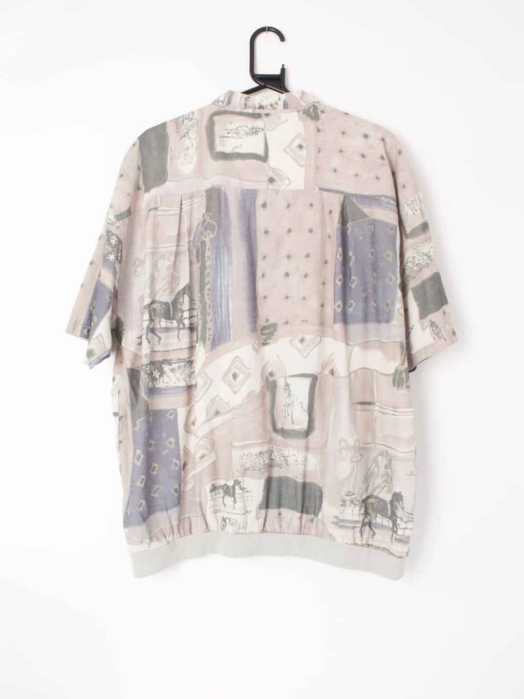 Muted Grey and Blue/Purple Abstract Top with Equestrian Inspired Print and Quarter Buttoned Front - XL - Image 3