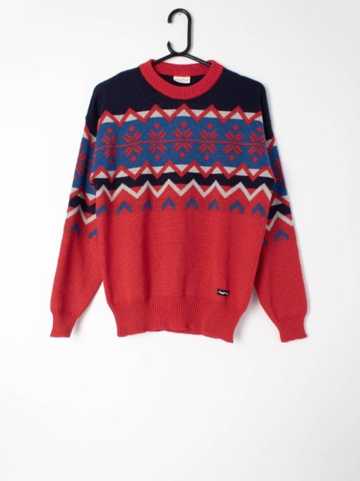 Mens vintage Steffner ski jumper with geometric snowflake design, made in Austria - Medium
