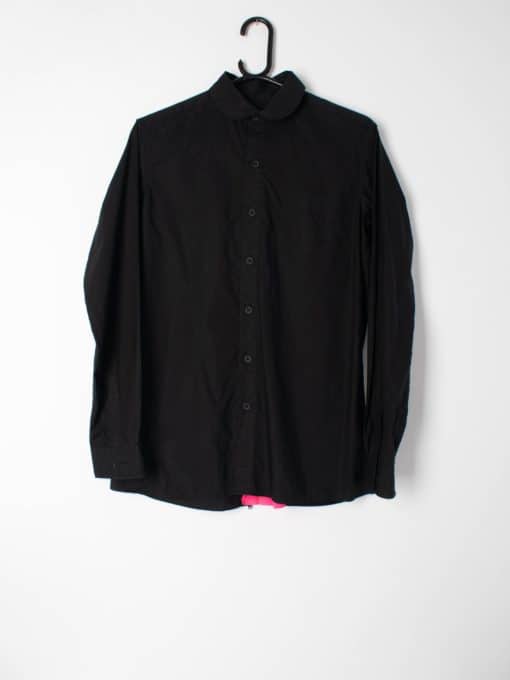 Womens Y-3 Yohji Yamamoto black fitted shirt with neon pink underlay - S / M