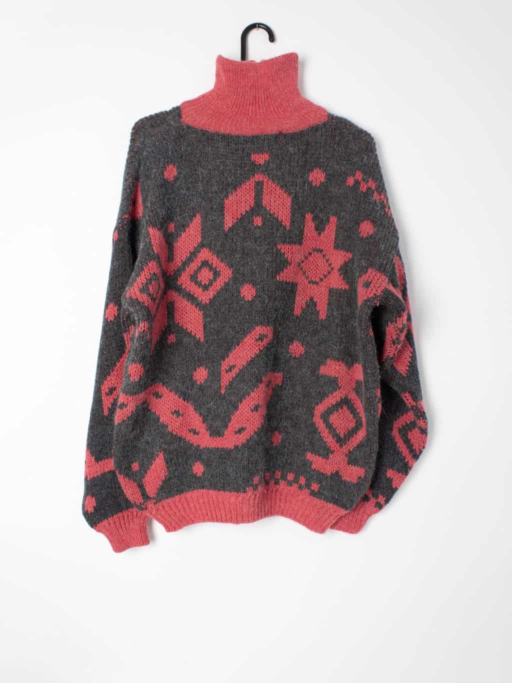 Unisex vintage knitted ski jumper with quarter zip and bold abstract pattern - M / L - Image 3