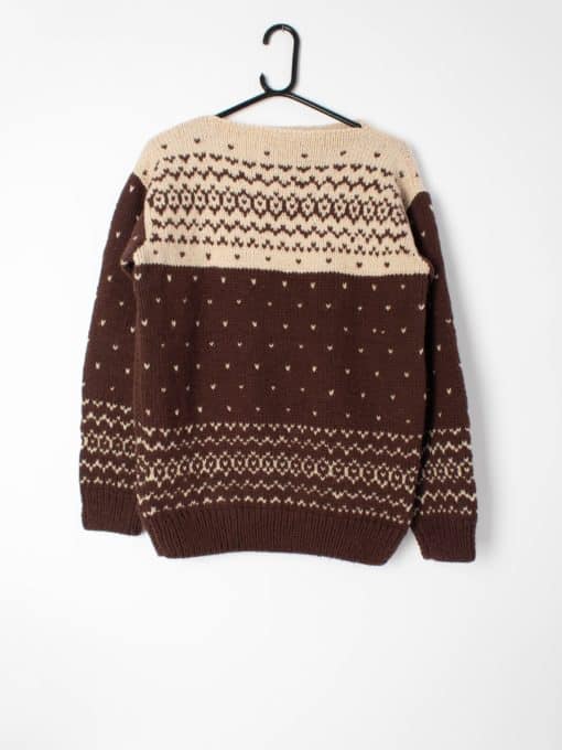 Womens vintage 1970s hand-knitted wool jumper with boat neck, love heart pattern - Medium / Large
