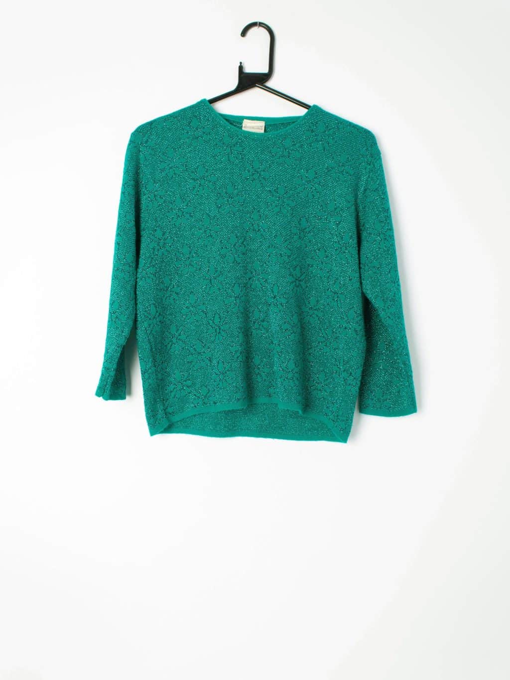 Womens vintage 60s / 70s cropped glitter top with floral pattern, emerald green - S / M