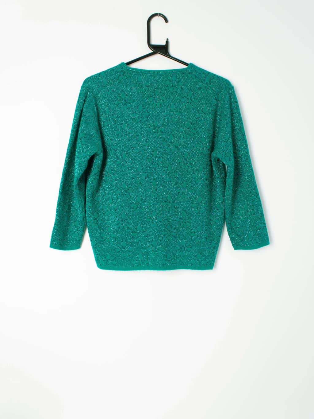 Womens vintage 60s / 70s cropped glitter top with floral pattern, emerald green - S / M - Image 3