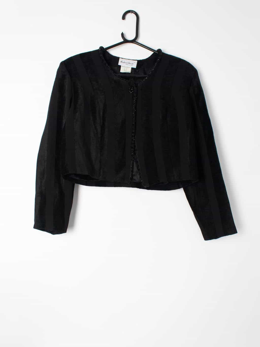 Womens vintage cropped jacket with massive shoulder pads, monochrome striped detailing and glass bead trim - M