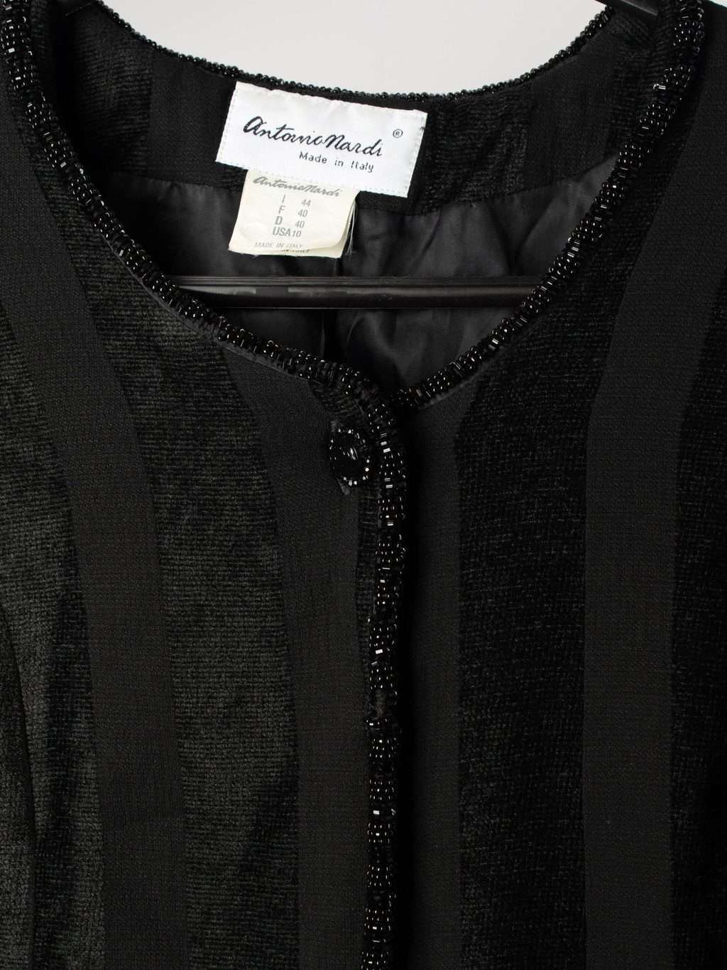 Womens vintage cropped jacket with massive shoulder pads, monochrome striped detailing and glass bead trim - M - Image 2