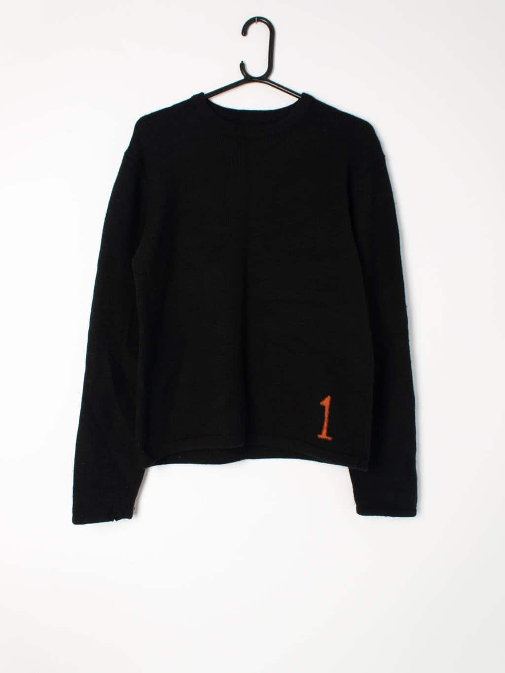 Merino wool plain black jumper with neon orange number '1' detail - Medium