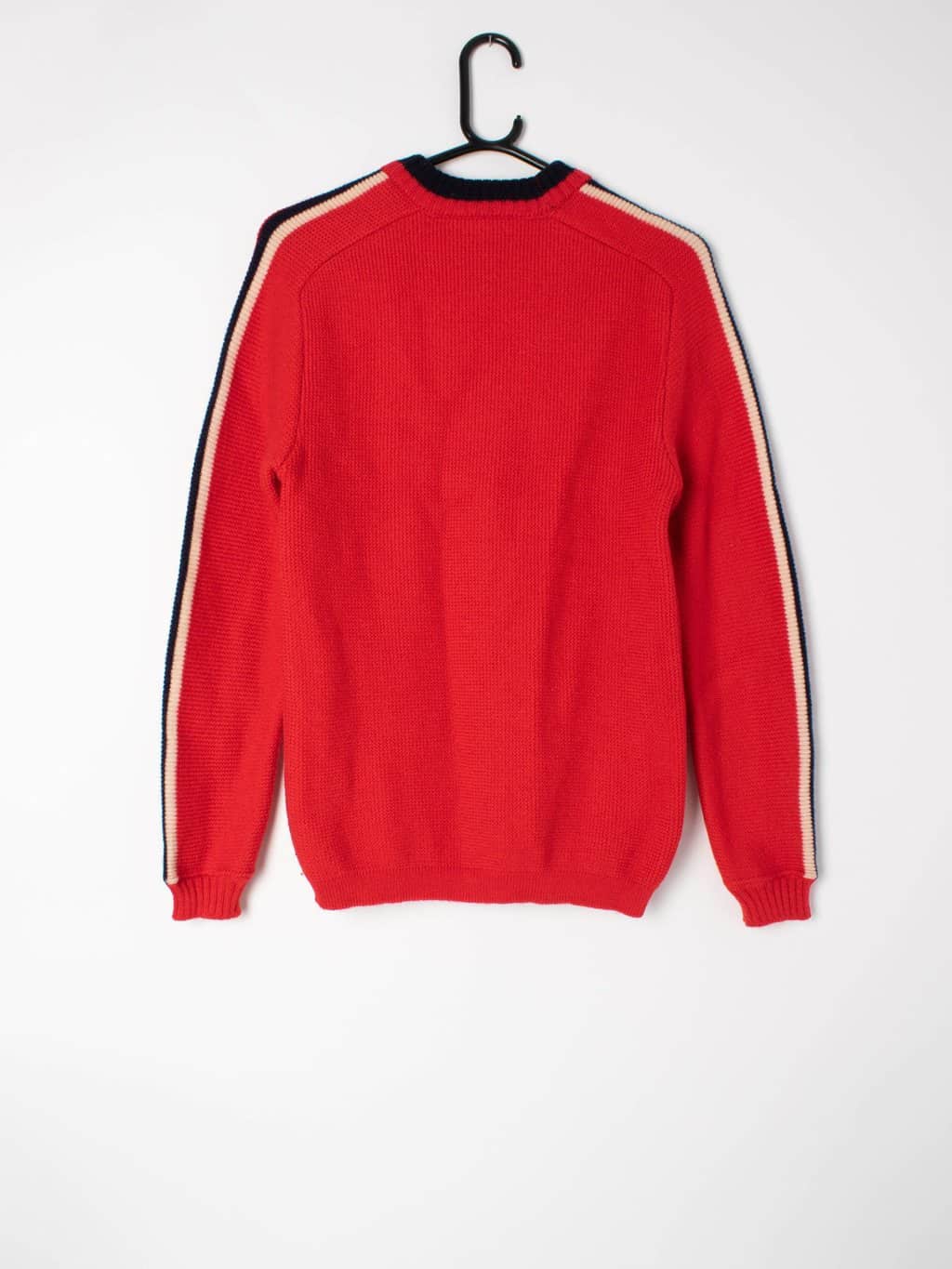 Mens 90s vintage red ski jumper with navy details, pure wool made in France - XS - Image 3