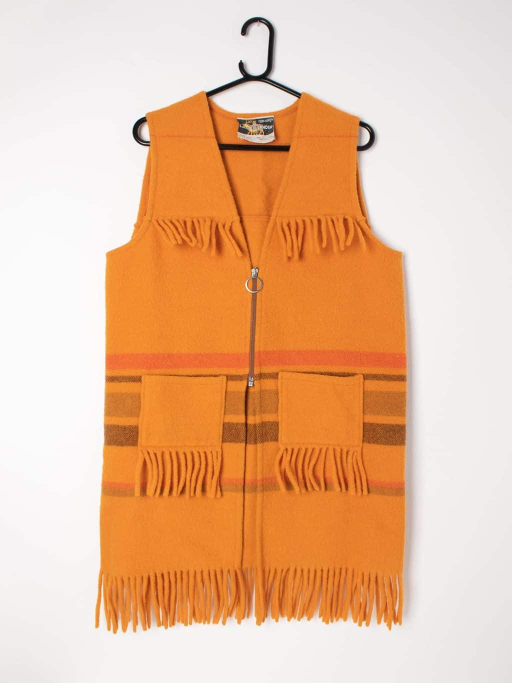 Rare 1960s vintage orange wool vest jacket with fringe detail by Lapp Lander - Large